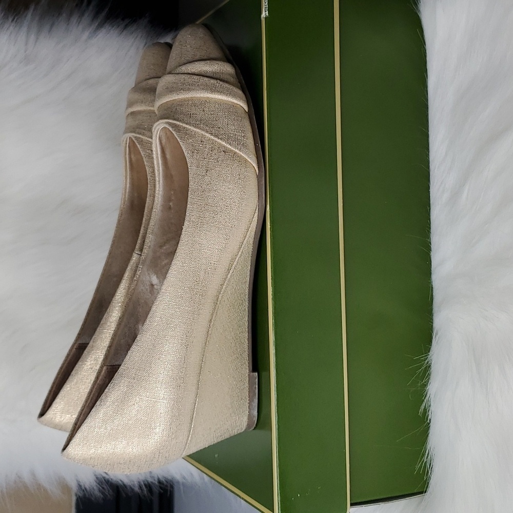 Coach & Four Gold Linen Sammy Wedge Heels with original box